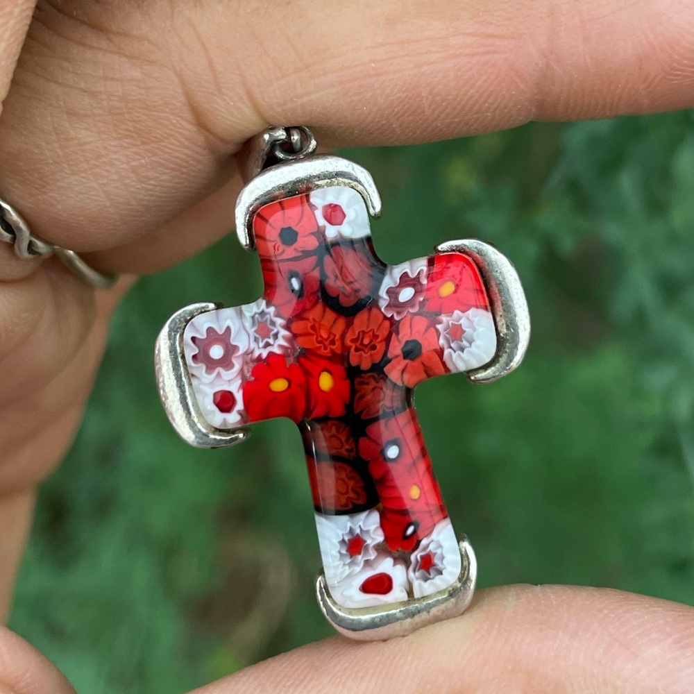 Handmade in Murano, Italy Millefiori glass cross 925 sterling silver pendant - Picture 7 of 16